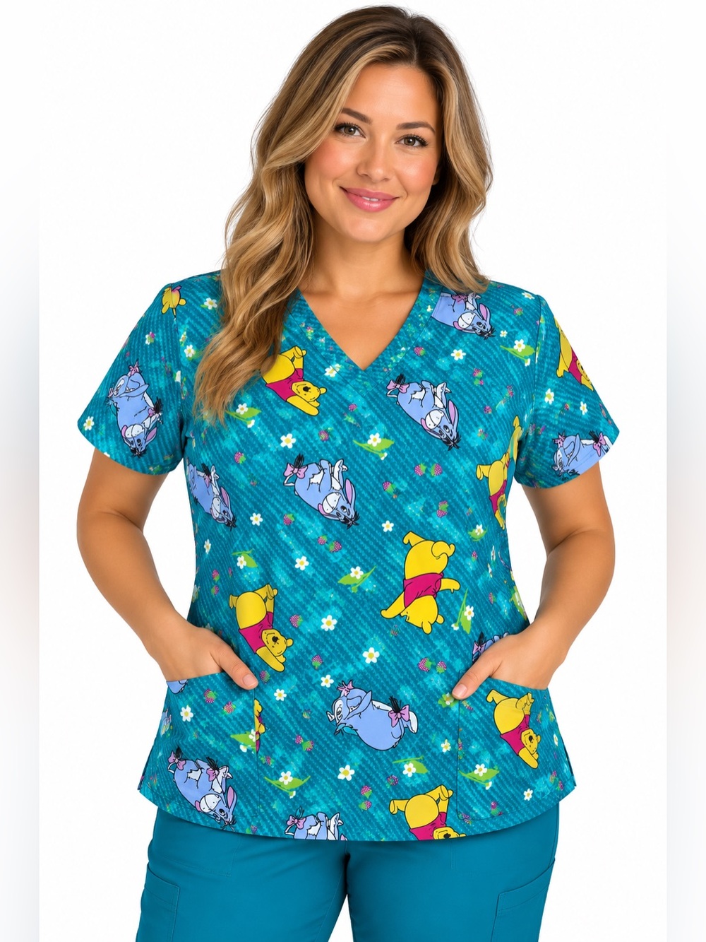 NWT Disney Winnie the Pooh & Eeyore Scrub Top Teal Size XS